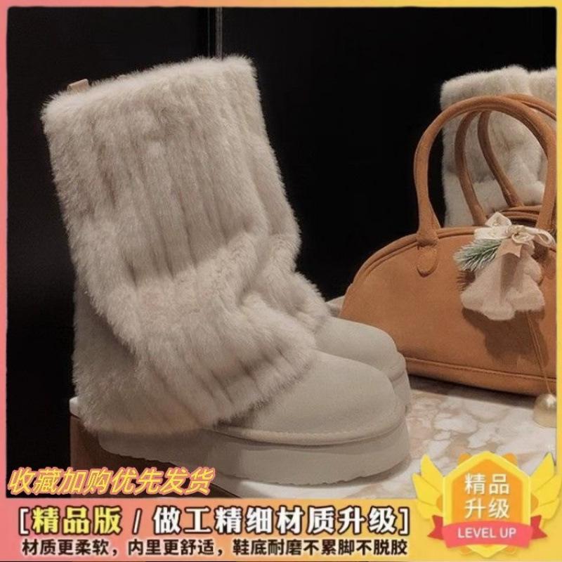 -Wide foot large size snow boots autumn and winter warm plush boots real soft leather platform cotton shoes short boots