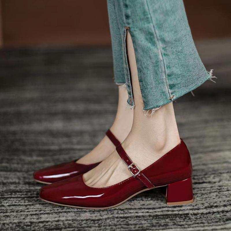 Fashion 2025 New High Quality Leather Dress Shoes Female Square Toe Shallow Buckle Strap Women's Shoes