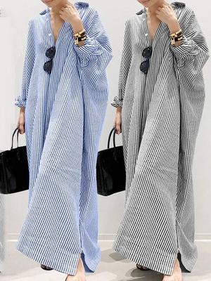 Summer Dress Cotton Linen Striped Cardigan Shirt Dress Women Muslim Loose Large Casual Temperament Irregular Long Vestidos