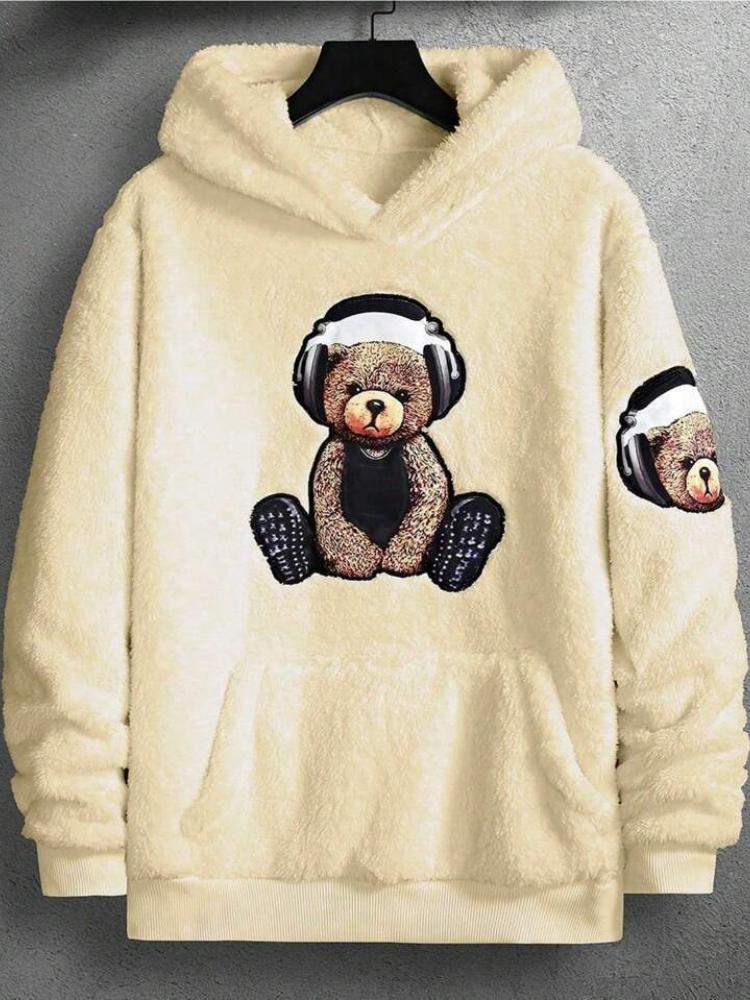 Pánská mikina s kapucí na raný podzim a zimu s potiskem medvídka a cool chlupatým stylem