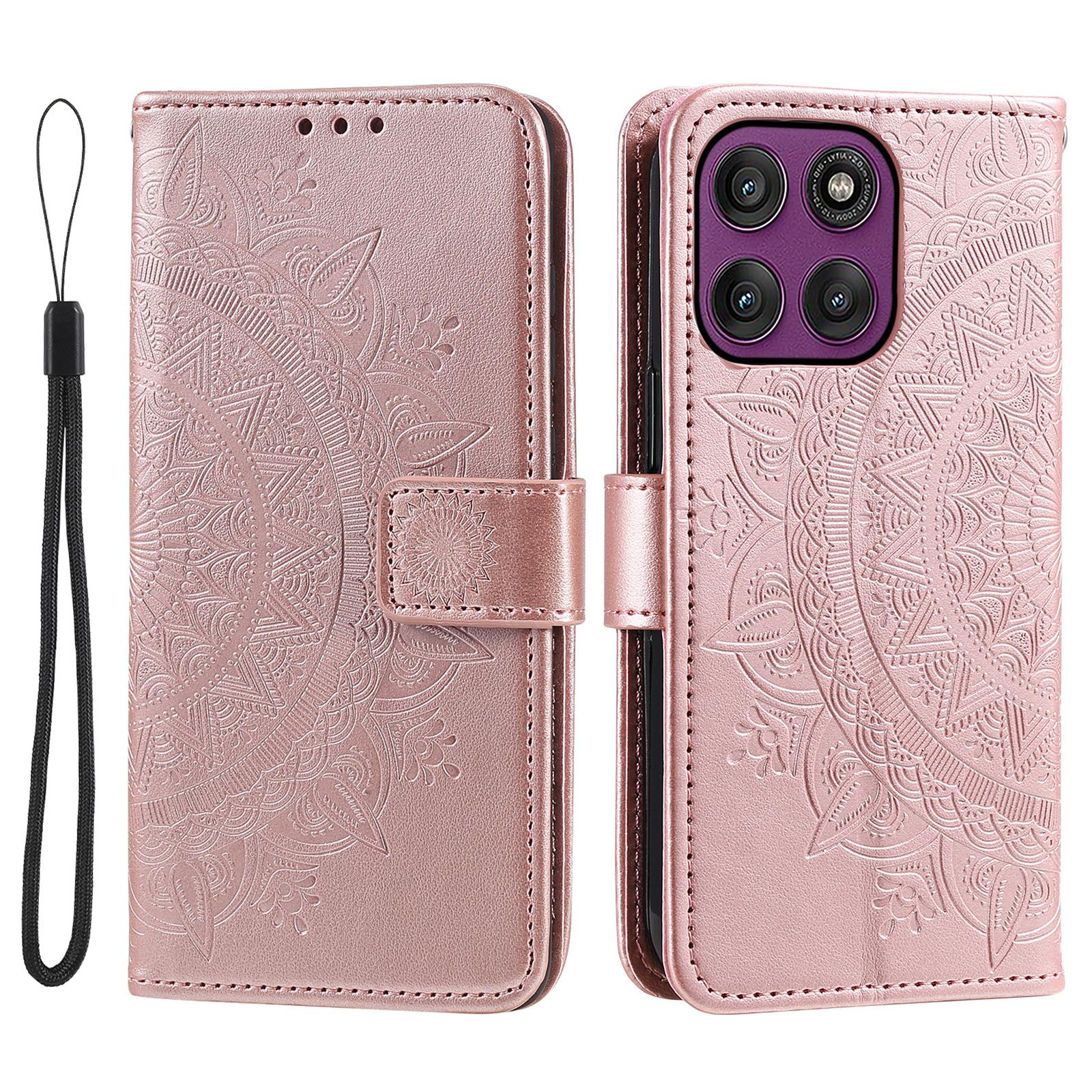 

For Motorola Moto G56 5G Stand Case Imprinted Totem PU Leather Wallet Phone Cover with Wrist Strap Rose Gold