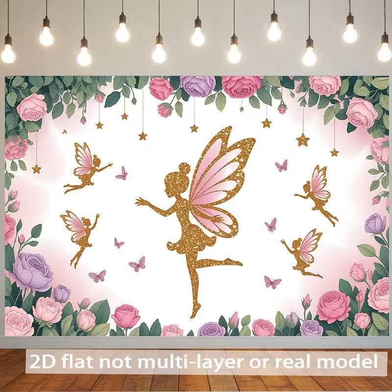 

2D Fairy Backdrop, Pink Gold Glitter Fairy Floral Photography Background Banner 47.2x31.5inch/120*80cm