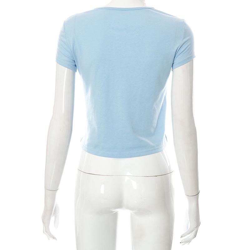 Cute 2000s Aesthetics Letter Print Blue Baby Tees Y2K Streetwear O-neck Short Sleeve Crop Tops Women Fashion 2022 Slim