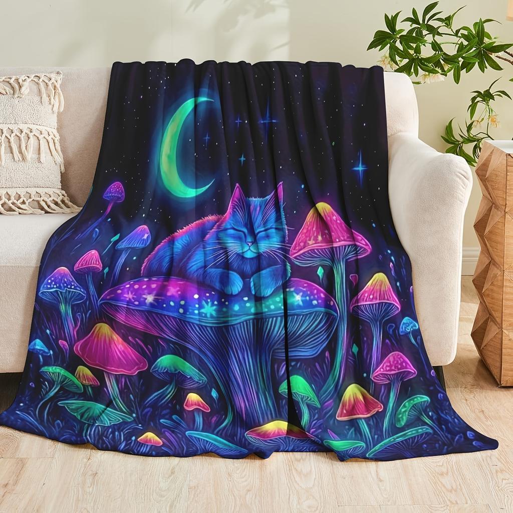 1pc Printed Blanket Luminous Cat Mushroom Starry Sky Blanket Dreamy Neon Bedroom Sofa Comfortable And Warm Home Blanket All Seasons Applicable |Birthd