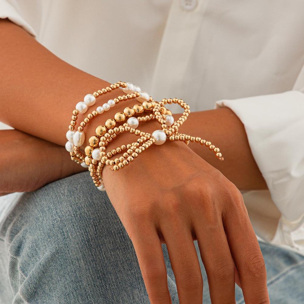 5pcs/set Bow String Bead Imitation Pearl Bracelet Set Adjustable Bracelet Set  Women's
