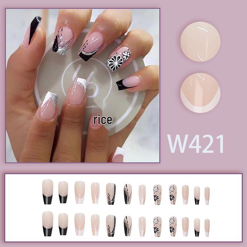 Chic Black & White Reusable Glitter Nail Tips - French Style for a Sweet, Cool, Spicy Look