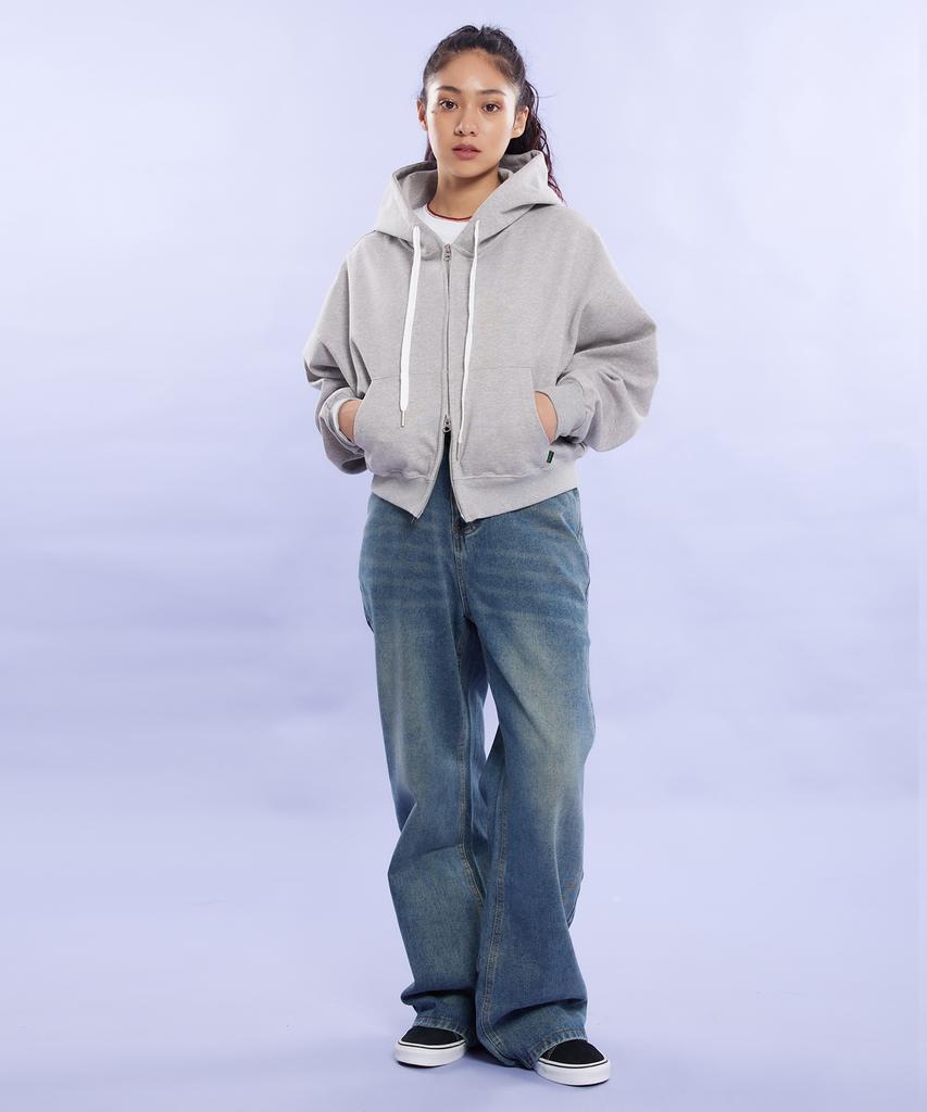 Cream Soda Lab Plain All Season Two-Way Crop Zip-Up Hoodie Gray