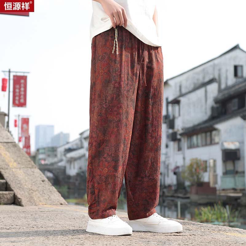 

Hengyuanxiang Men s Chinese Style Dark Pattern Cotton Linen Nine-Point Casual Pants 3XL
