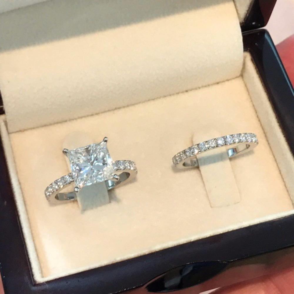 Princess Cut Square Diamond Ring Set 18k Gold Plated Engagement Simulated Zircon Rings for Women no. 6 платиновый
