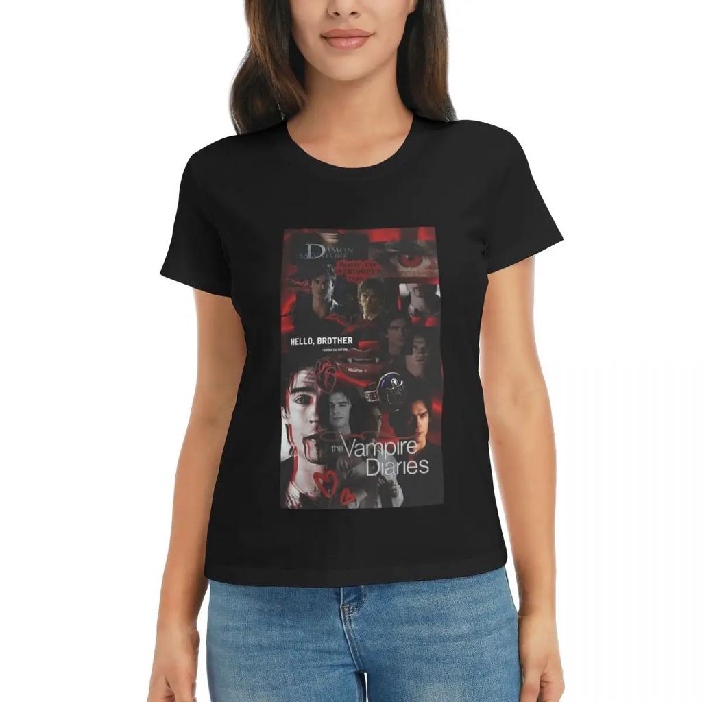 Damen T-Shirt The Vampire Diaries Damon Salvatore Sommer Kurzarm T-Shirts Rundhals Baumwolle T-Shirts Kleidung Oberteile Streetwear