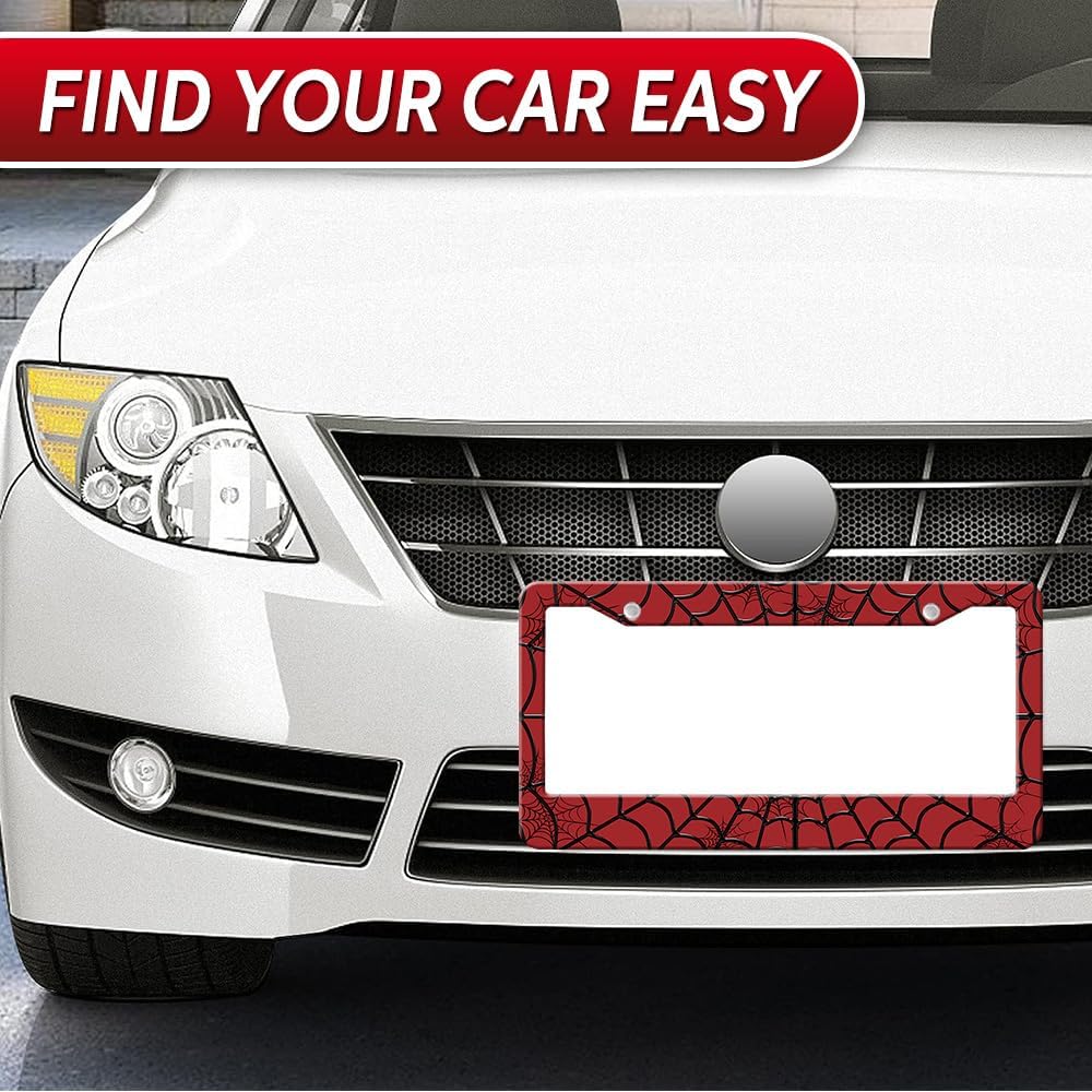 Decorative License Plate Frame Black Red Spider Web with a 3D Look, Personalized Novelty License Plate Frame Metal License Plate Holder for US
