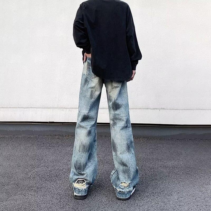 Hong Kong style new retro washed straight jeans men's street loose wide-leg trousers mid-waist trendy brand