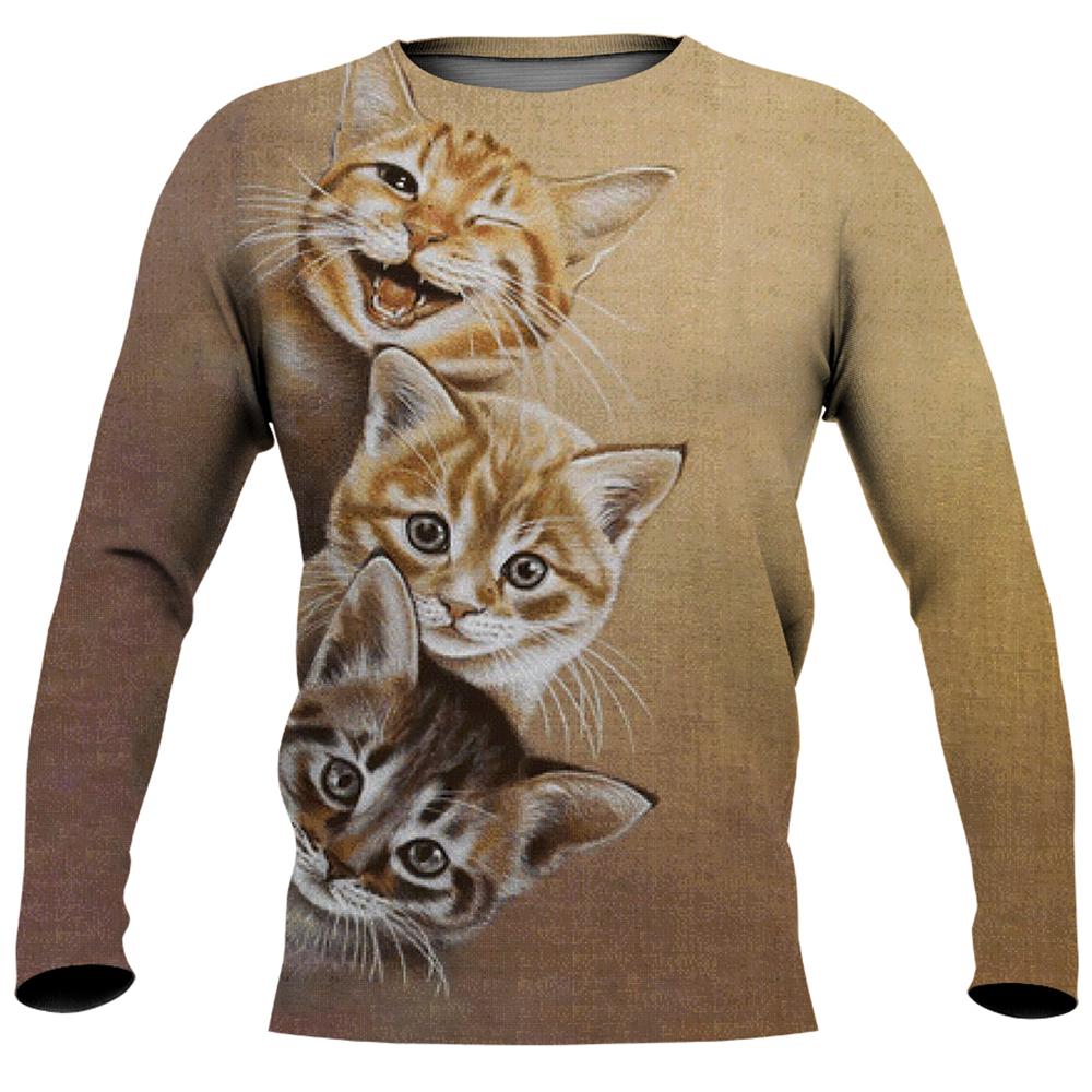Cute Cat Print Imitation Cotton Long Sleeve Men's T-shirts Spring O-Neck Casual Loose Tee Streetwear Unisex Clothing EU Size 5XL