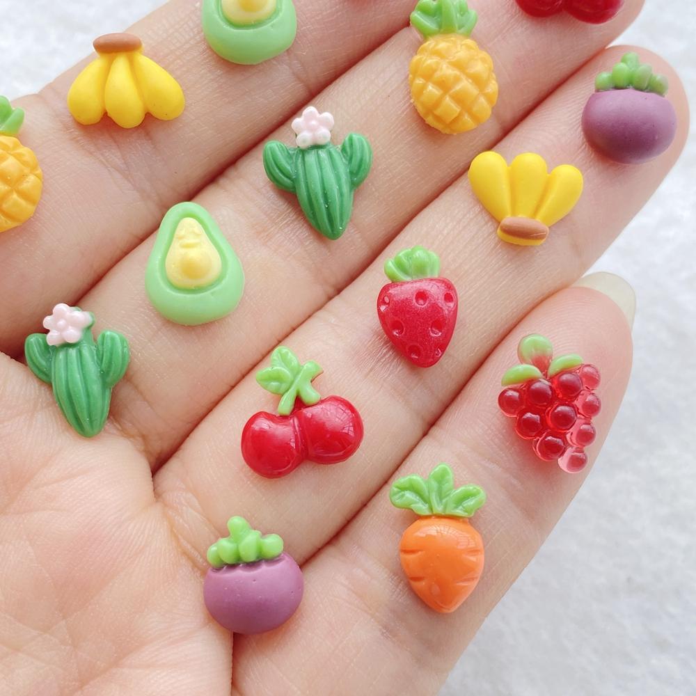 50Pcs Cute Mini Cartoon Cherry, Pineapple, Strawberry Fruits Nail Art Resin Designer Charms DIY Craft For Nail 3D Decorations E