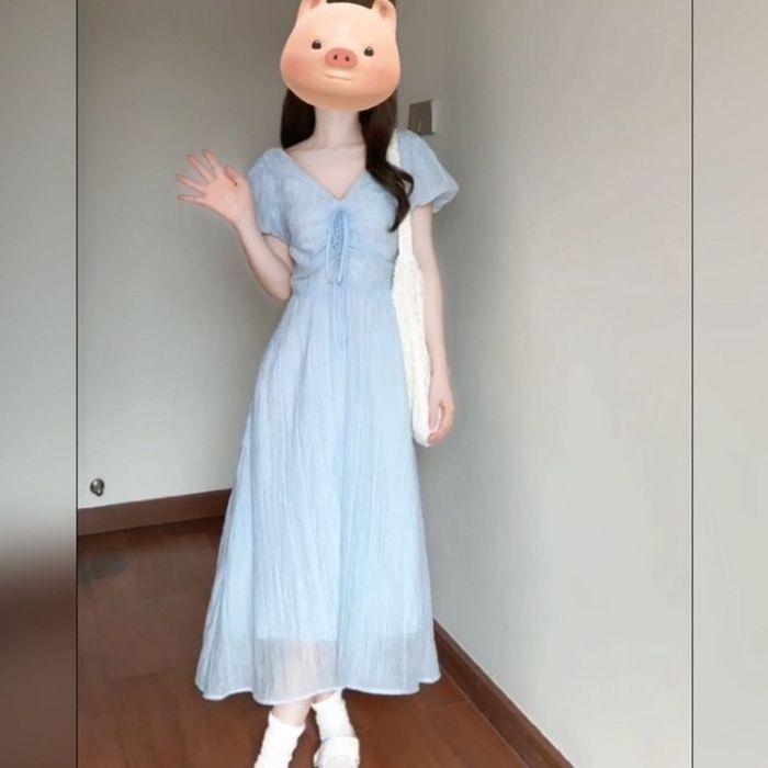 Petite Women s French Blue Puff Sleeve V-Neck Slimming Long Dress Small синий