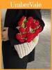 Borsa Secchiello a Fiore di Rosa Lavorata a Maglia con Chiusura a Coulisse per Uso Quotidiano Casual