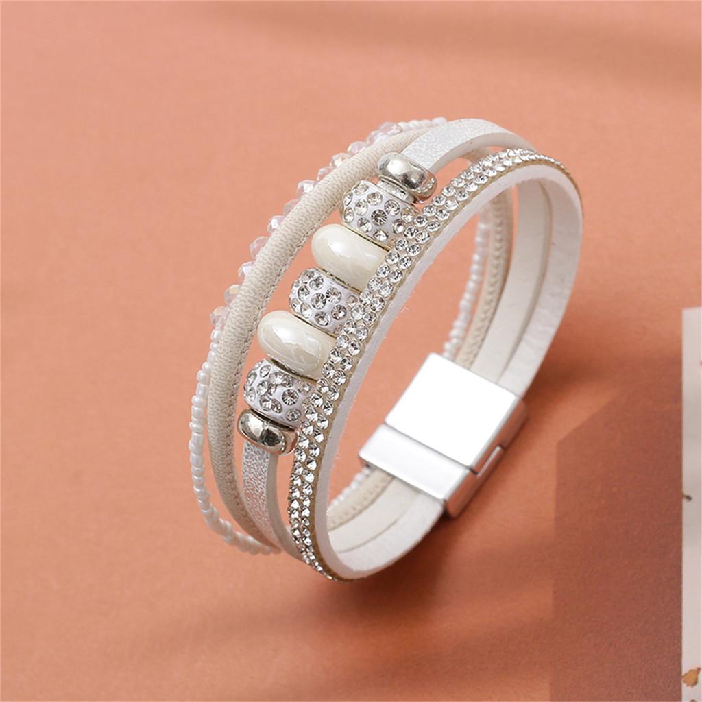 Ceramic Beads Leather Bracelet For Women Retro Boho Crystal Chain Multilayer Wide Wrap Jewelry Accessories