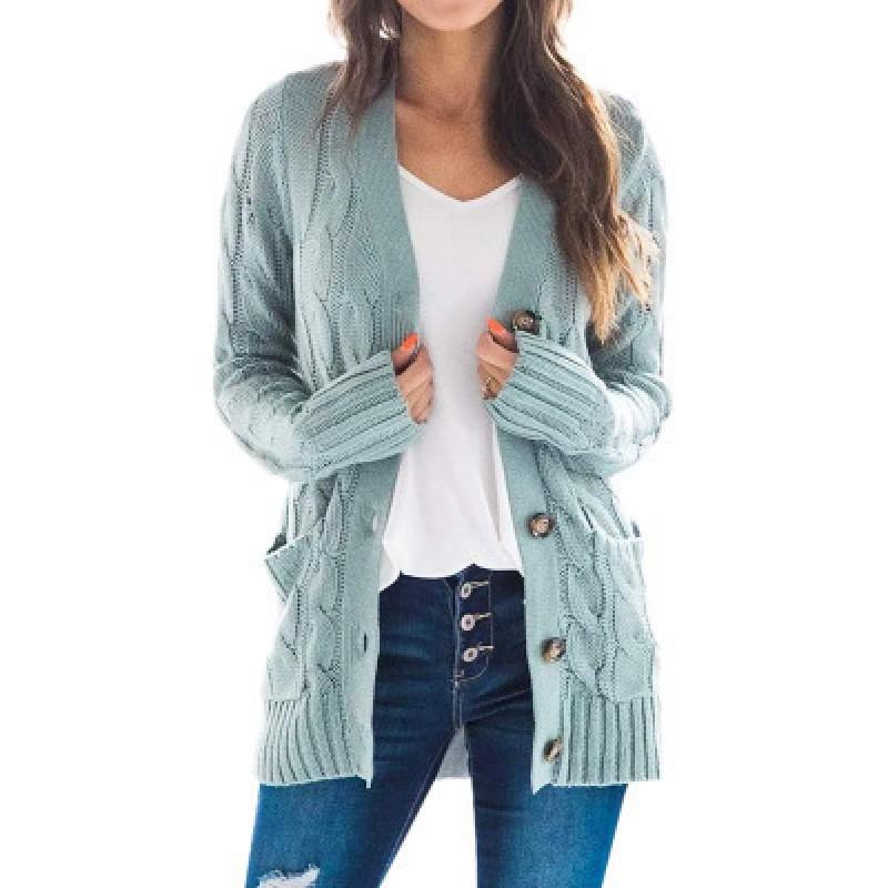 Womens Loose Fit Cable Knit Cardigan Sweater V-Neck Long Sleeve Mid-Length Casual Outerwear
