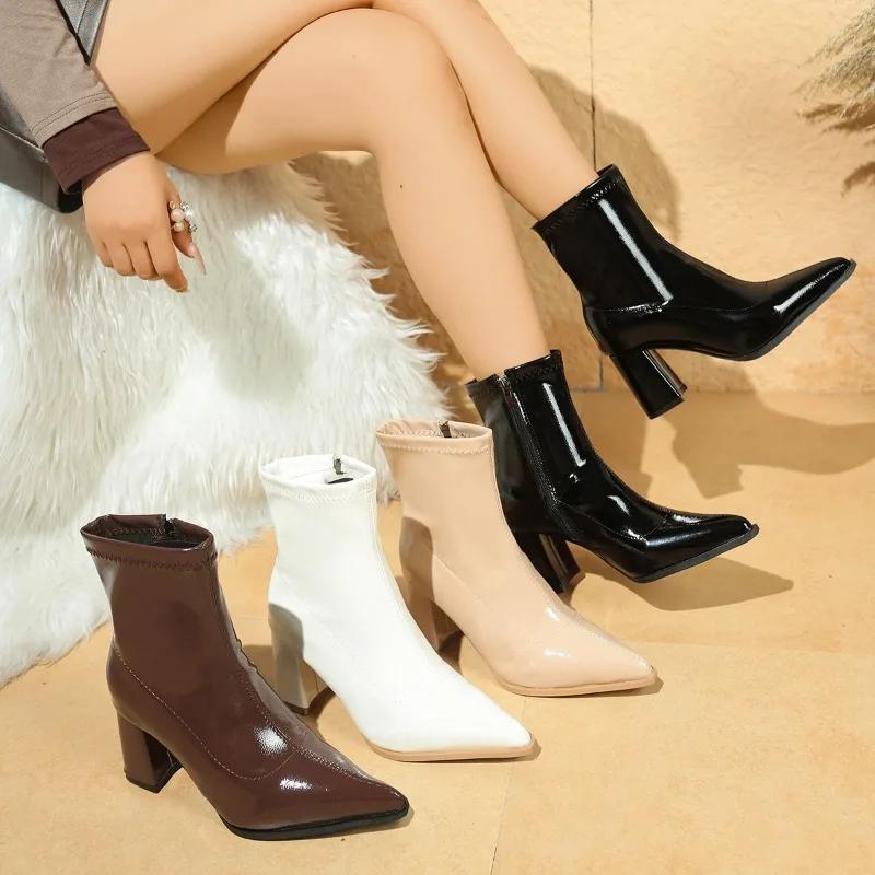 Fashion Winter New Western Style High Heeled Booties Women's Block Heel Lightweight Pointed Toe Mid-barrel Thickened Elastic Boots