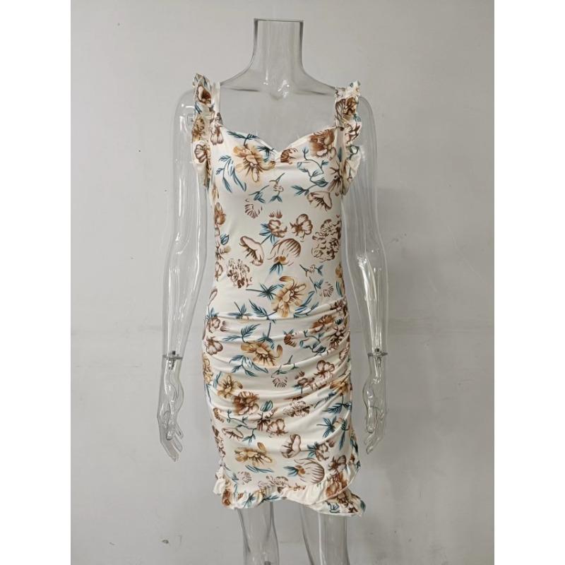 Summer Women Floral Print Butterfly Sleeve Bodycon Dress Ruffle V Neck Bandage Casual Short Sundress Female Beach Spaghetti Strap Mini Dress