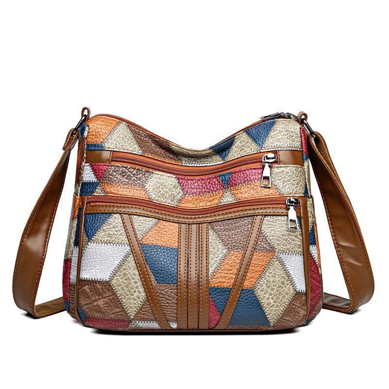 New Chinese mother messenger bag splicing contrasting colors fashionable retro multi-compartment large-capacity commuter shoulder bag