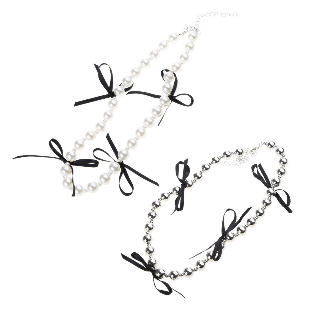 Fashionable Black Ribbon Bowknot Necklace Faux Pearl Alloy Chain Choker Fashion Cool Girls Clavicular Chain Jewelry