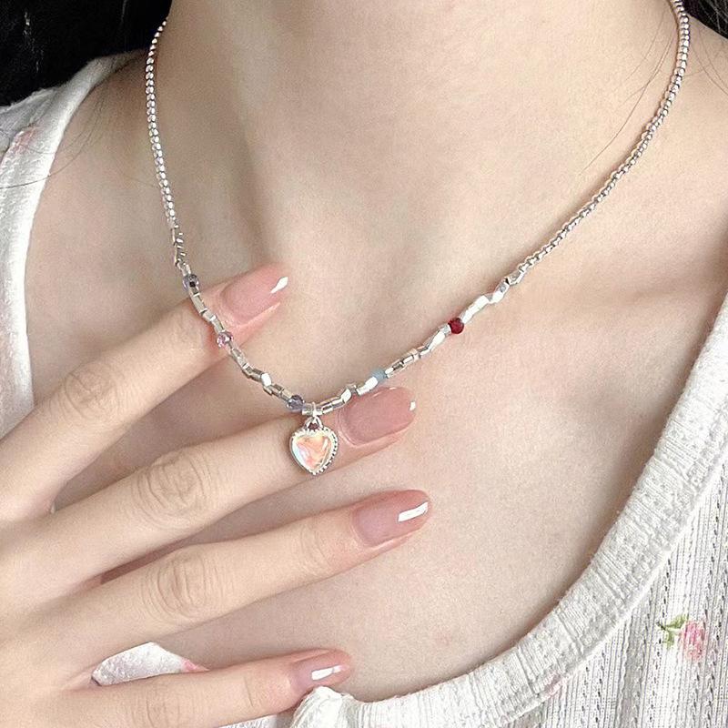 Trend Sweet Cool Wind Colorful Stone Heart Necklace for Women Pink Heart Chains Necklaces Pendants Fashion Aesthetic Y2K Jewelry
