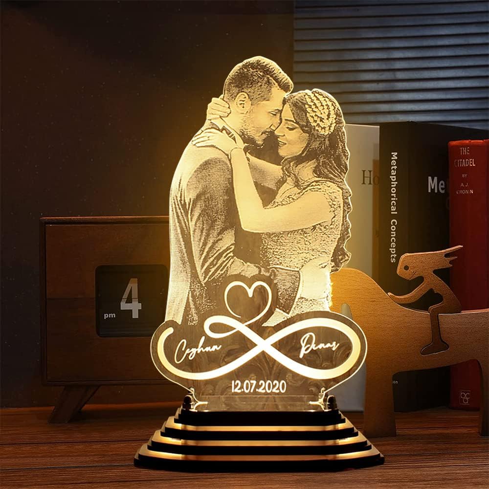 Infinity Heart Personalized Picture Lamp Custom Couple Photo Heart Nigth Light Custom Plaque Bedside Lamp Romantic Gift for Wife Anniversary