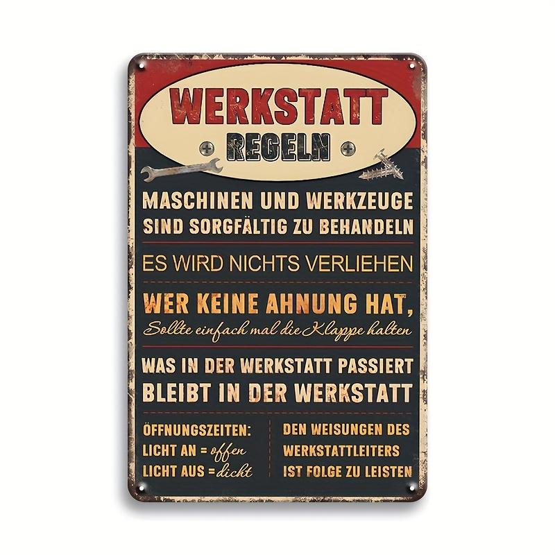 

Винтажная немецкая металлическая табличка с правилами мастерской - Werkstatt Regeln Ретро жестяная табличка для гаража, офиса, бара или домашнего декора 20x30cm белый
