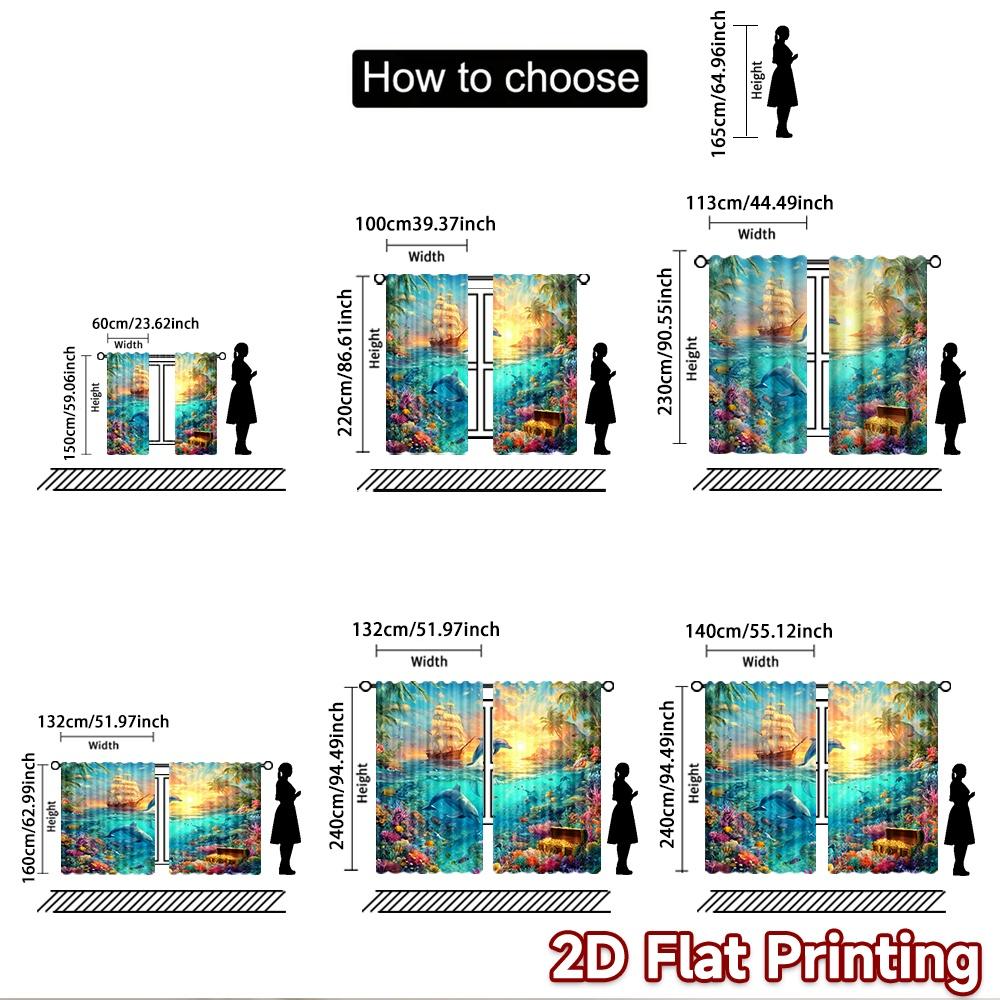 2D Flat Printing 2pcs Curtain Dolphins Jumping Ship Coral Digital Printed Polyester Drapes Party Decorations Use for Holiday