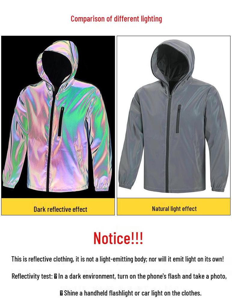 Men's Iridescent Reflective Hooded Windproof Jacket - Trendy Loose Fit, European & American Sizes