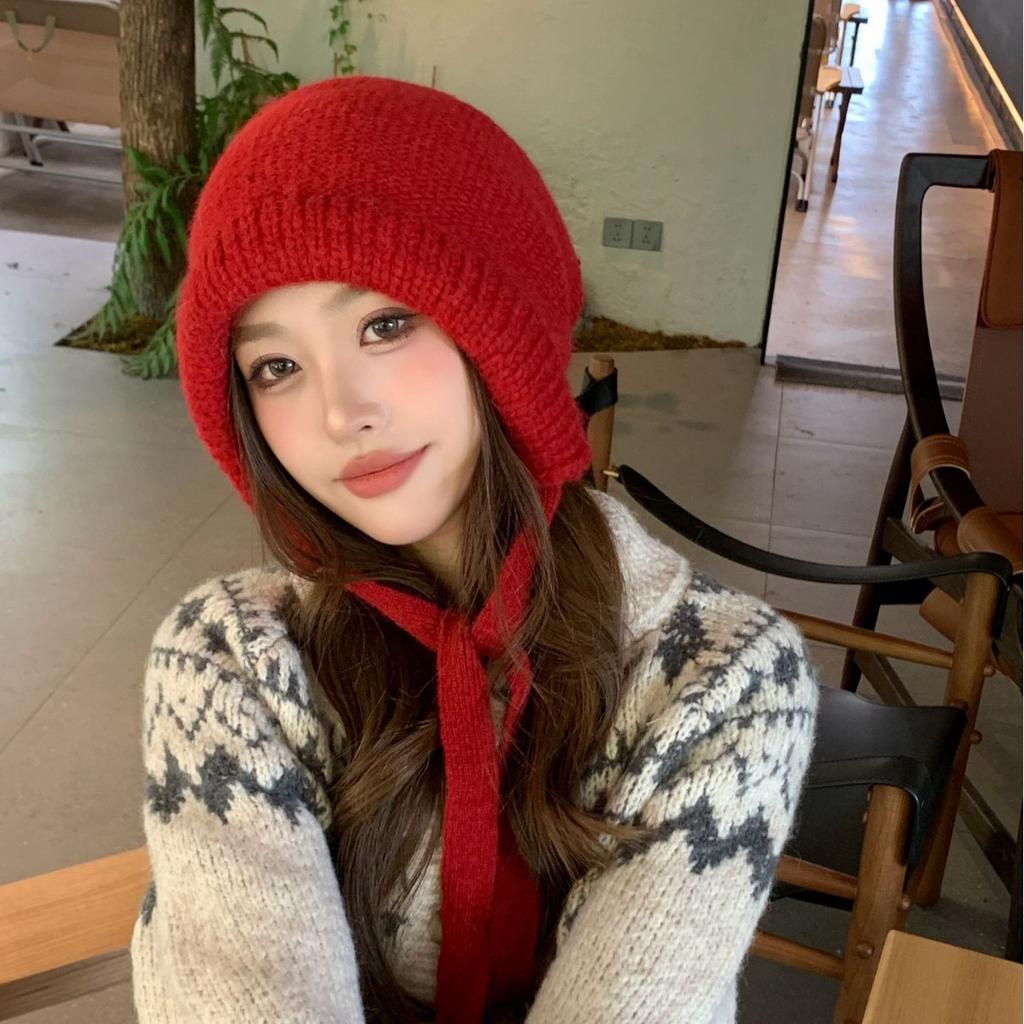 Balaclava hat women's red autumn and winter warm versatile face small solid color knitted wool ear hat