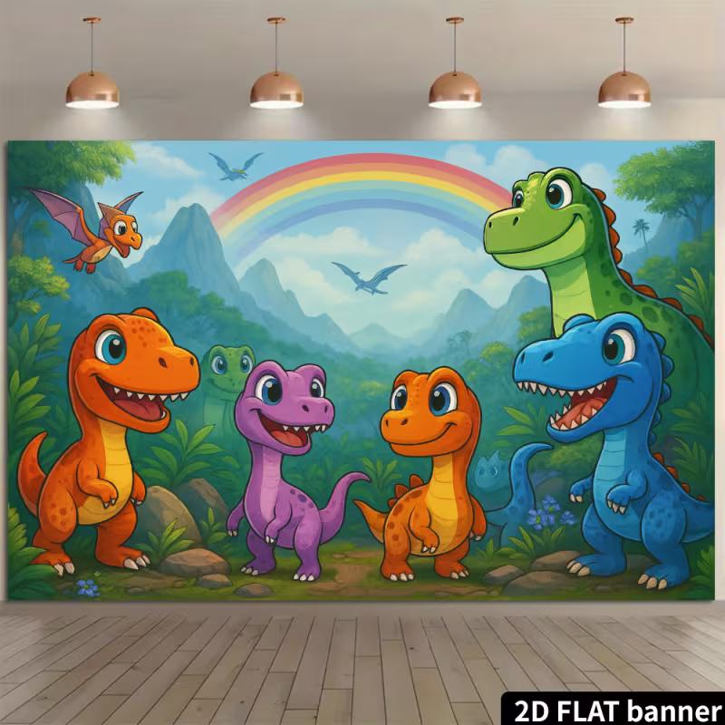 2D Zeichentrick-Dinosaurier Kulisse - Buntes Jurassic Fotografie Hintergrund Banner für Kindergeburtstag Dekoration