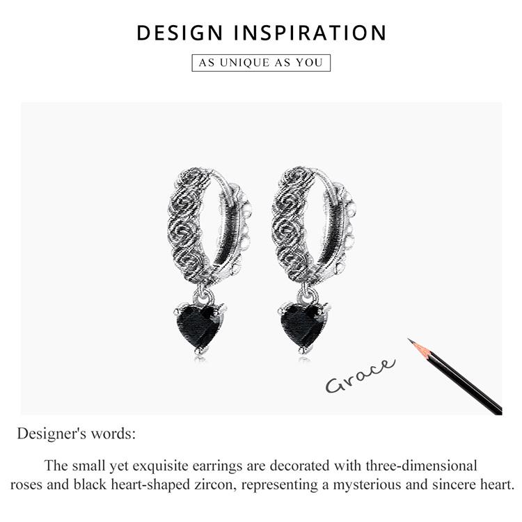 BAMOER 925 Sterling Silver Exquisite Black Zircon Rose Pattern Earrings for Women Fine Jewelry