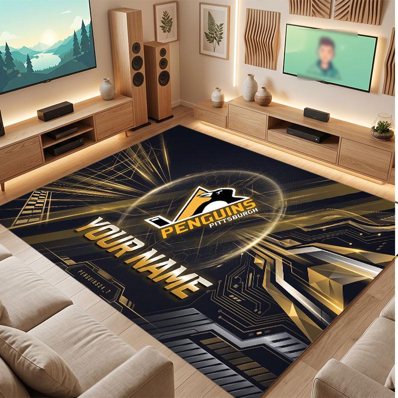 Pittsburgh Penguins Personalized Crystal Velvet Carpet, Customized Name Text Soft Anti‑Slip Rug for Living Room Bedroom