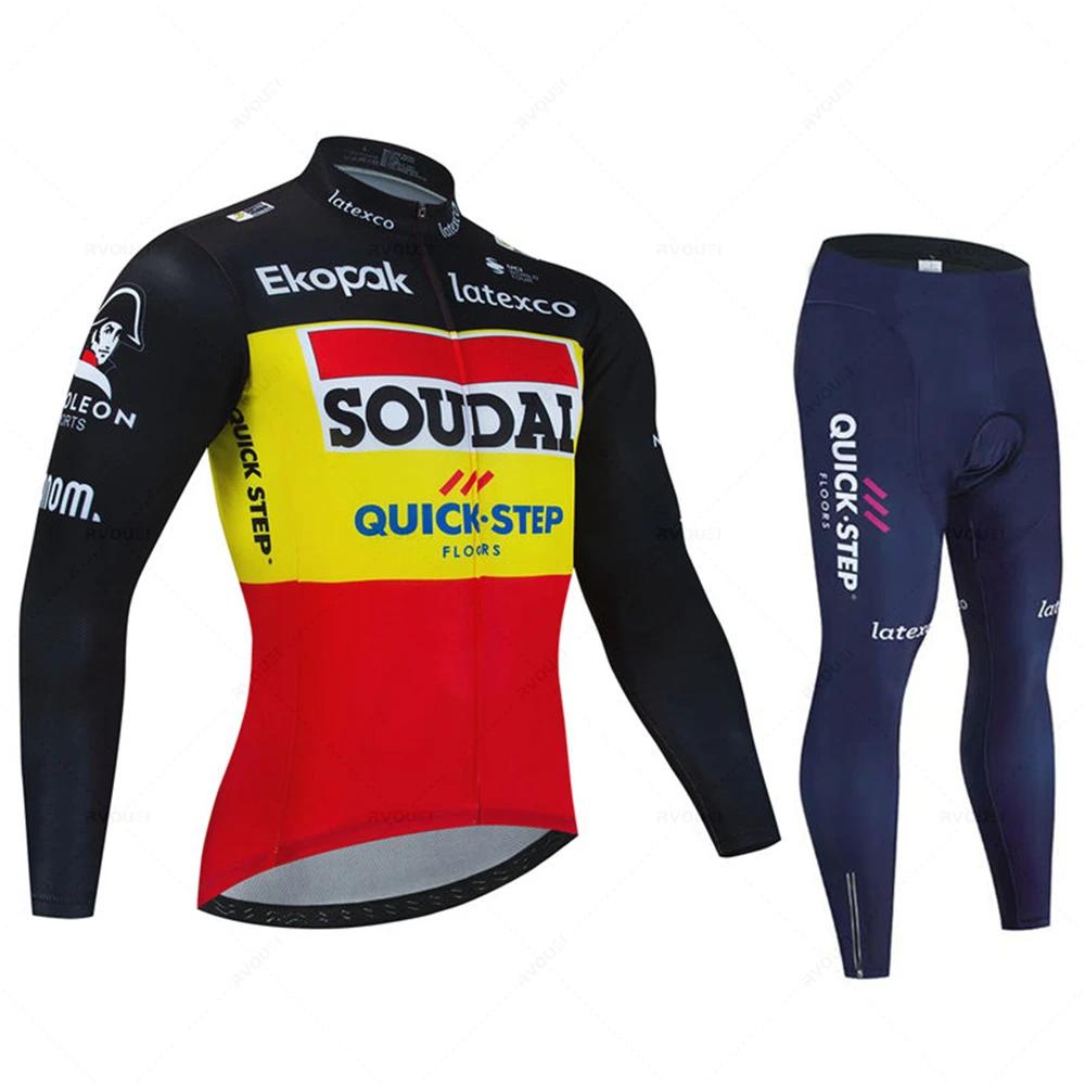 Soudal Quick Step France Jesienny Zestaw Koszulek Rowerowych Ubrania na Rower Szosowy Długi Rękaw Jednolity Strój MTB Spodenki na Szelkach Rowerowe Koszulka Sportowa do Jazdy