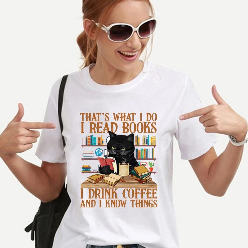 Hemden für Unisex-Kleidung Niedliche Katze Buch Shirt Das ist, was ich tue Ich lese Bücher Ich trinke Kaffee Grafik-T-Shirts Buchliebhaber T-Shirts Oberteile