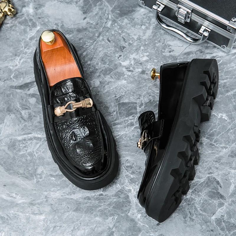 Men Shiny Leather Loafers Slip-On Business Casual Shoes Black Heighten Thick Platform Sole Comfortable Oxford Office Dress Shoes