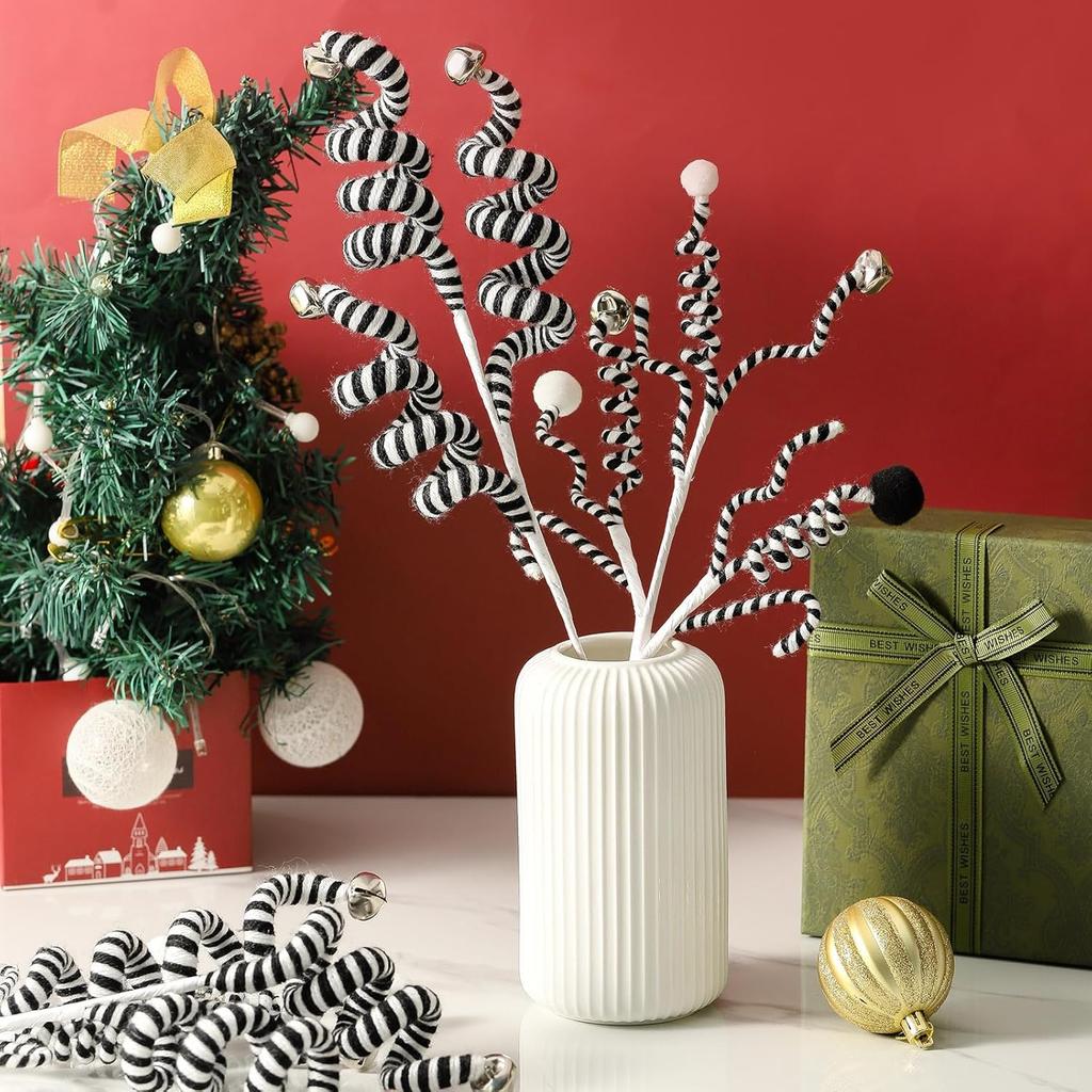 4PC Set Black/White Christmas Tree Decorations Picks Woolen Candy Curly Pick, Christmas Bells Picks Christmas Tree Decorations Home Office Vase Party