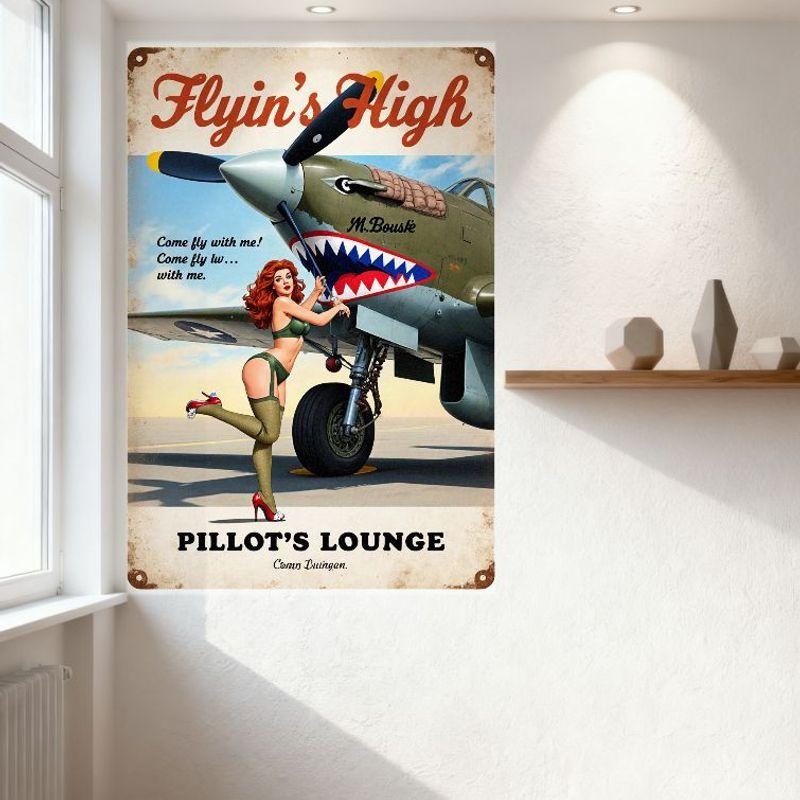 Vintage Aviation Metal Tin Sign Flyin’s High with Airplane & Pin-Up Girl “Pilot’s Lounge” Retro Wall Decor for Man Cave Bar Café