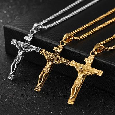 Herren-Halskette mit Anhänger aus silbernem Edelstahl, Jesus Christus, Kruzifix, Kreuz