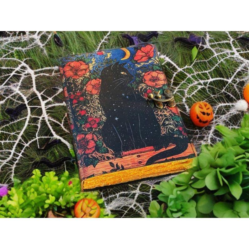 Grimoire keltische Katze Buch der Schatten Leder-Tagebuch Zauberbuch - Hexe Wicca Notizbuch Skizzenbuch Tagebuch -Handgefertigt Büttenpapier