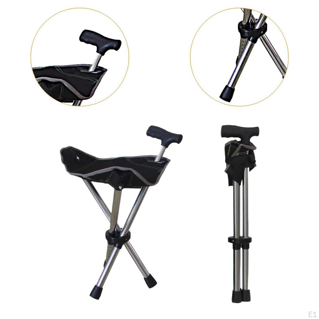 Cane with Seat Ergonomic Adjustable Trekking Hiking Pole for Seniors Camping Black