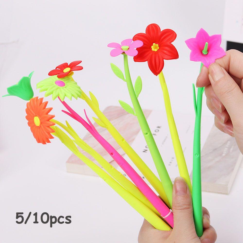 5/10pcs Color Random Gifts Stationery Colorful Soft Silicone Flowers Gel Pen Black Ink Ballpoint Pen