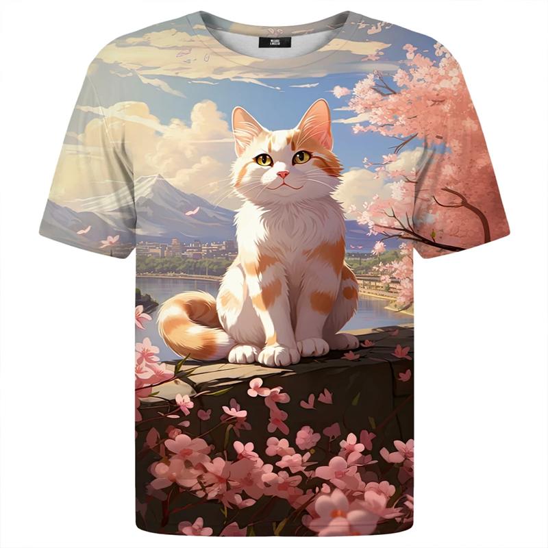 Funny Cartoon Cat 3d Print Short Sleeve Micro Elastic Breath Streetwear Summer Casual Oversized Men's and Women's Unisex T-shirts