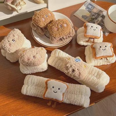 Adorable Cartoon Toast & Rice Ball Flannel Face Wash Wristbands: Moisture-Proof, Absorbent Hair Band Set for Autumn & Winter (3 Pieces)