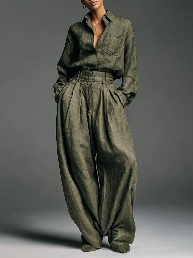 Europäisch-Amerikanisches Damen Retro Cardigan-Hemd & Hose Zweiteiler Set - Langarm, Locker, Neutraler Stil