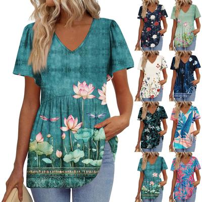 Women's Loose Casual Print V-Neck Short Sleeved T-Shirt Top Short Sleeved T-Shirt Top