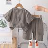Boys' 2026 Summer Style: Letter Print Cotton Short Sleeve & Vertical Stripe Solid Color Two-Piece Set