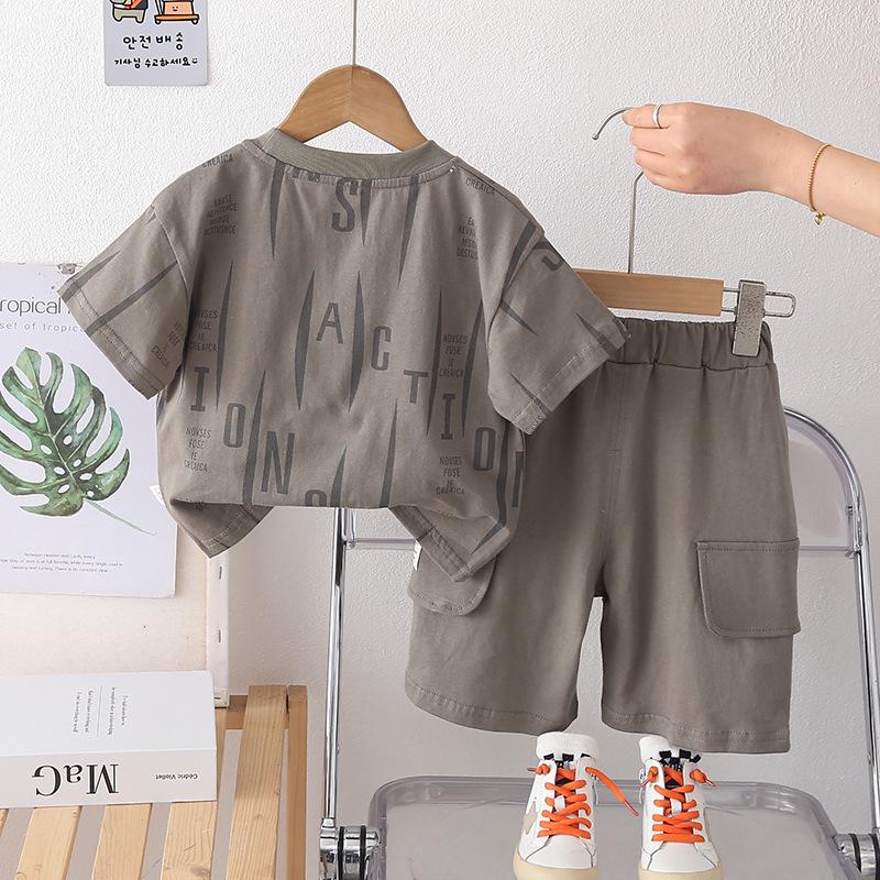 Boys' 2026 Summer Style: Letter Print Cotton Short Sleeve & Vertical Stripe Solid Color Two-Piece Set